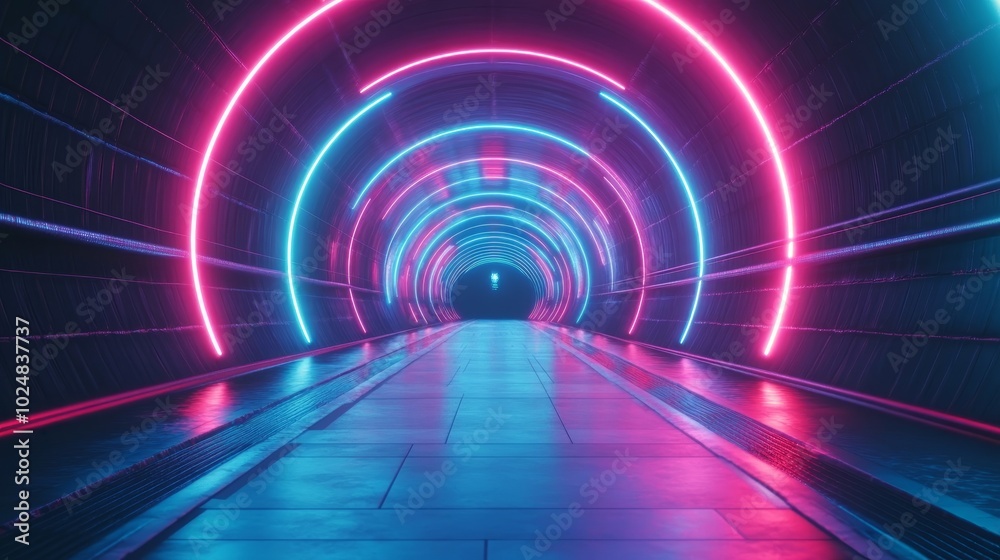 A futuristic, glowing neon tunnel with pink and blue lights, creating a mesmerizing effect. A futuristic, glowing neon tunnel with pink and blue lights, creating a mesmerizing effect.