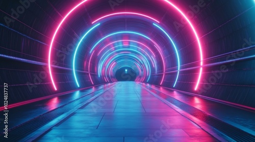 A futuristic, glowing neon tunnel with pink and blue lights, creating a mesmerizing effect.