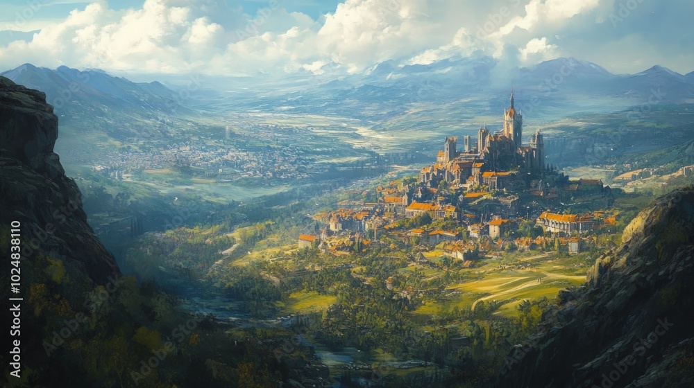 Fototapeta premium A picturesque medieval city nestled in a valley surrounded by mountains, with a river winding through the landscape.