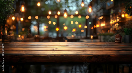 Cozy restaurant interior with warm lighting and wooden table.