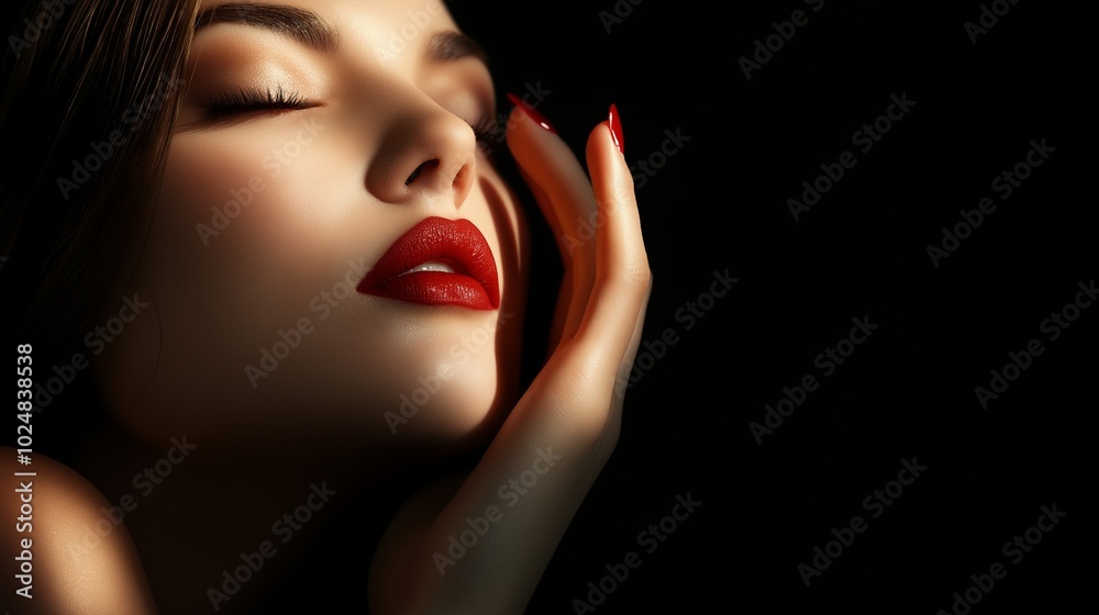Young woman touching her face isolated on dark background Young woman touching her face isolated on dark background