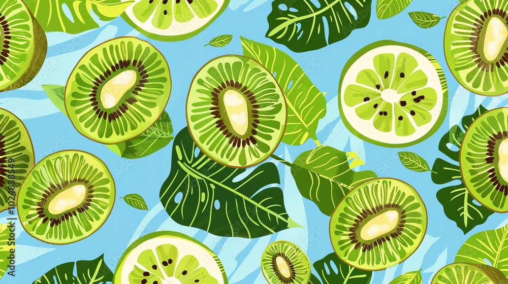 Fototapeta premium A bright, colorful pattern of kiwi fruit slices and tropical leaves on a blue background.