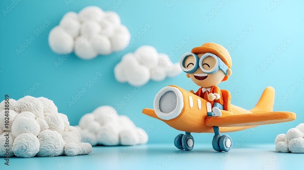 A charming 3D clay model of an airplane soaring through a sky filled with fluffy white clouds with smiling passengers visible through the windows capturing a sense of imagination adventure A charming 3D clay model of an airplane soaring through a sky filled with fluffy white clouds with smiling passengers visible through the windows capturing a sense of imagination adventure