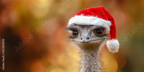 Emu wearing a Santa hat, closeup
