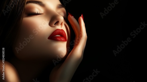 Young woman touching her face isolated on dark background