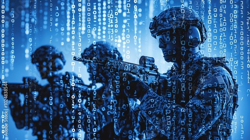 Soldiers in combat gear stand among digital binary code, symbolizing the intersection of military and technology.