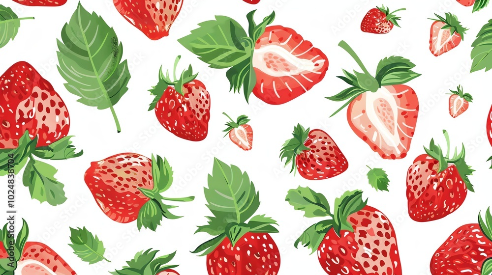 Seamless pattern of red strawberries and green leaves on a white background. Seamless pattern of red strawberries and green leaves on a white background.