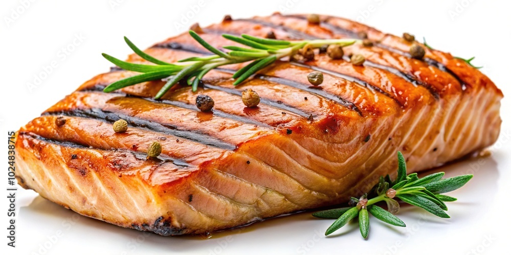 Grilled Salmon Steak on White Background - Delicious Seafood Dish for Culinary Inspiration Grilled Salmon Steak on White Background - Delicious Seafood Dish for Culinary Inspiration