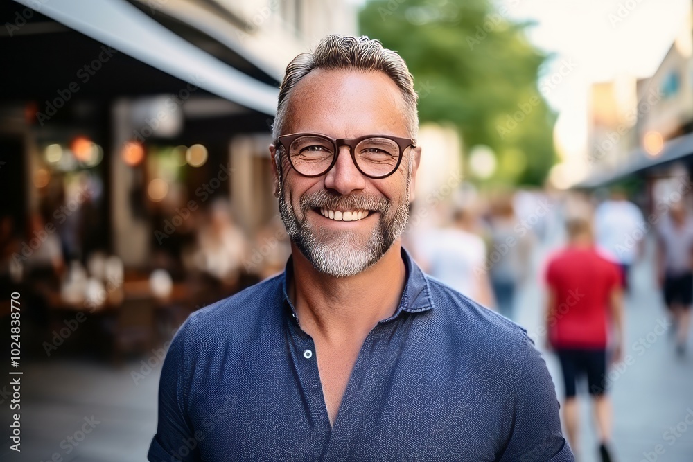 Portrait of a smiling middle-aged man with eyeglasses in the city Portrait of a smiling middle-aged man with eyeglasses in the city