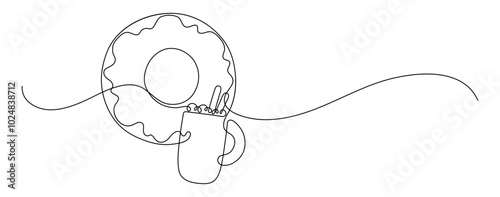Doughnut and cup of cocoa with marshmallow and cinnamon stick. Continuous line drawing. Food frame border doodle.