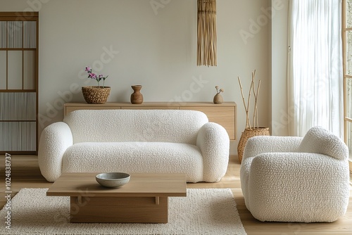 A modern Japani interior in the living room with minimalist, plush boucle sofas and armchairs and tables. Generative AI
 photo