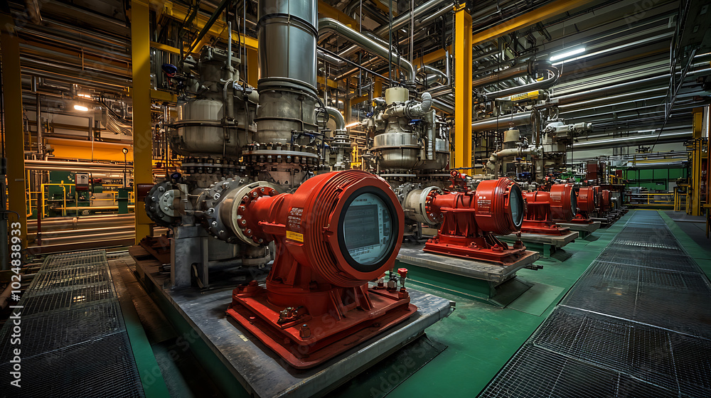 Pumping Station: A wide-angle view of an industrial pumping station with multiple pumps lined up in a row. Piping systems snake around the station, 