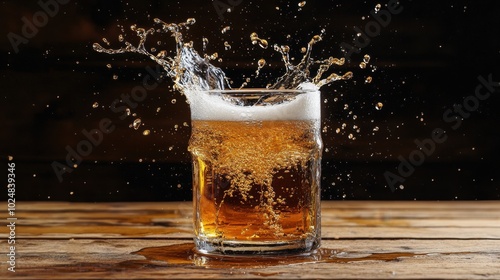 A refreshing splash of amber beer in a glass on a rustic wooden table.