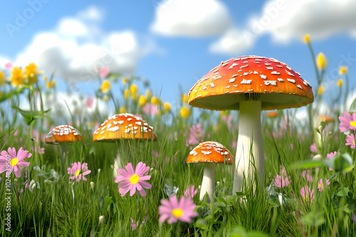 Wallpaper Mural A cluster of vibrant red and white toadstools stand tall in a field of wildflowers and green grass against a clear blue sky with fluffy white clouds. Torontodigital.ca