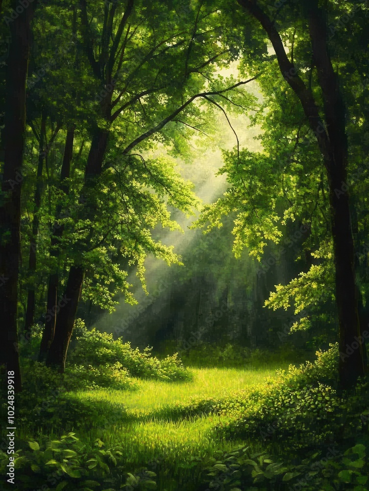 Obraz premium Sunbeams through trees in a lush forest