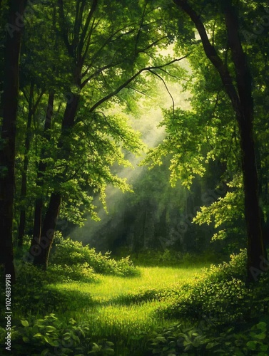 Sunbeams through trees in a lush forest