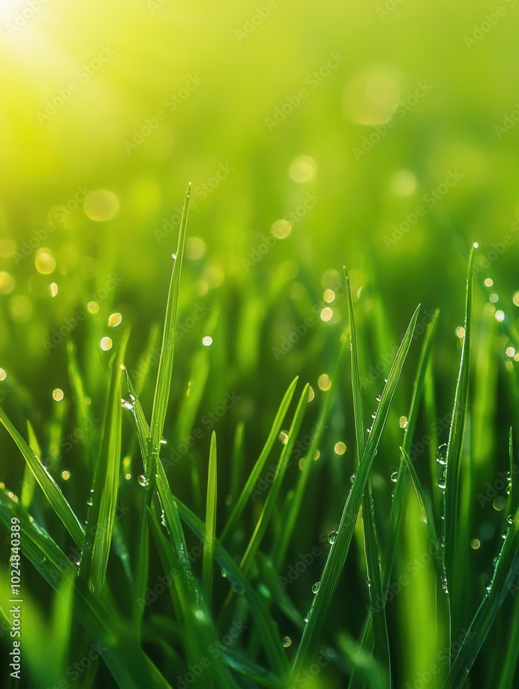 Obraz premium Dewdrops on Green Grass Blades Close Up Macro Photography
