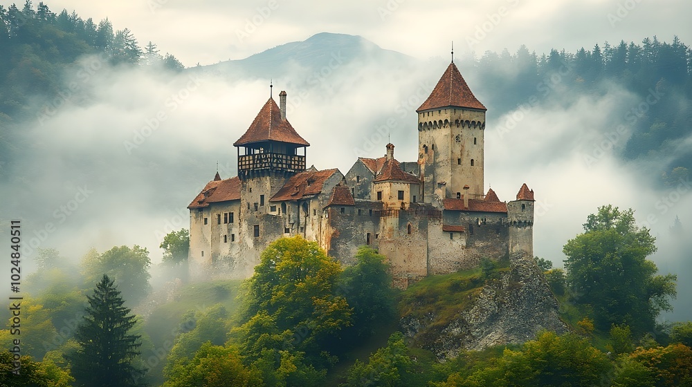 Old castle on a hill surrounded by misty forests A historic castle with towers and battlements, perched majestically on a hill as thick fog envelops the surrounding forests. Old castle on a hill surrounded by misty forests A historic castle with towers and battlements, perched majestically on a hill as thick fog envelops the surrounding forests.
