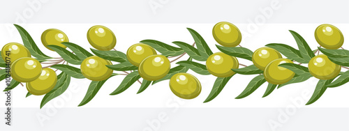 Seamless border with olives. Horizontal ornament with olive fruits on a branch. Illustration