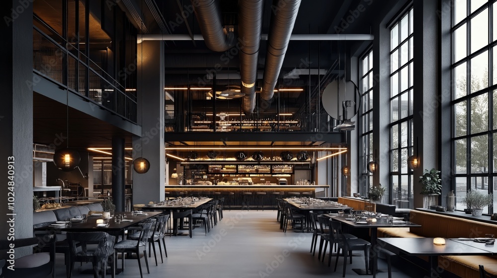 Modern industrial-style restaurant interior with loft design, featuring large windows, exposed ductwork, and ambient lighting over dining tables and bar area. Modern industrial-style restaurant interior with loft design, featuring large windows, exposed ductwork, and ambient lighting over dining tables and bar area.