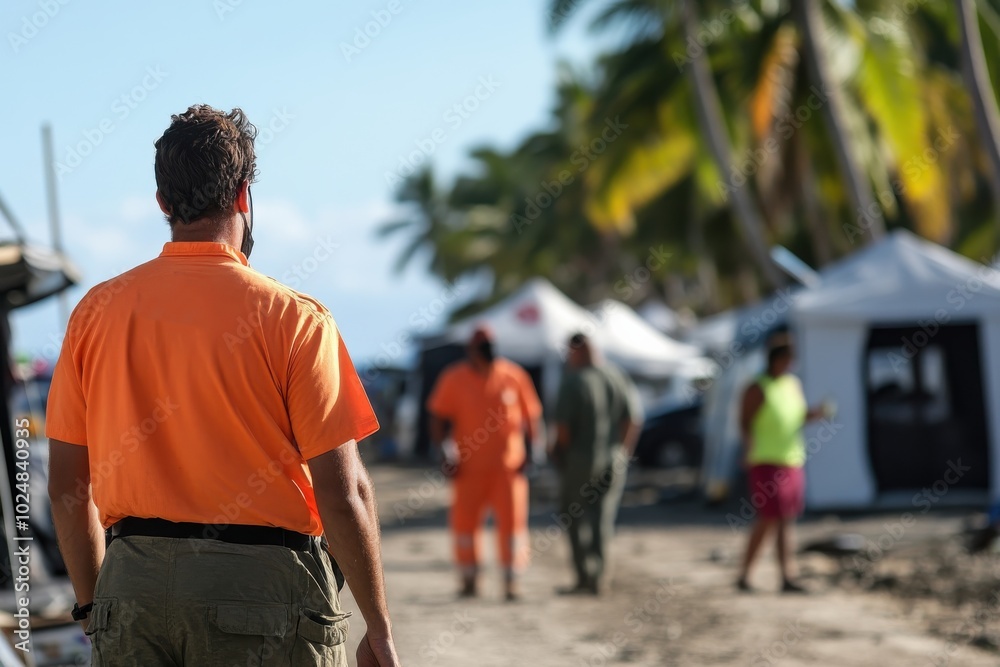 Members of a disaster response team in bright uniforms are seen at work on a busy tropical beach, highlighting coordination and efficacy amidst emergency relief operations. Members of a disaster response team in bright uniforms are seen at work on a busy tropical beach, highlighting coordination and efficacy amidst emergency relief operations.