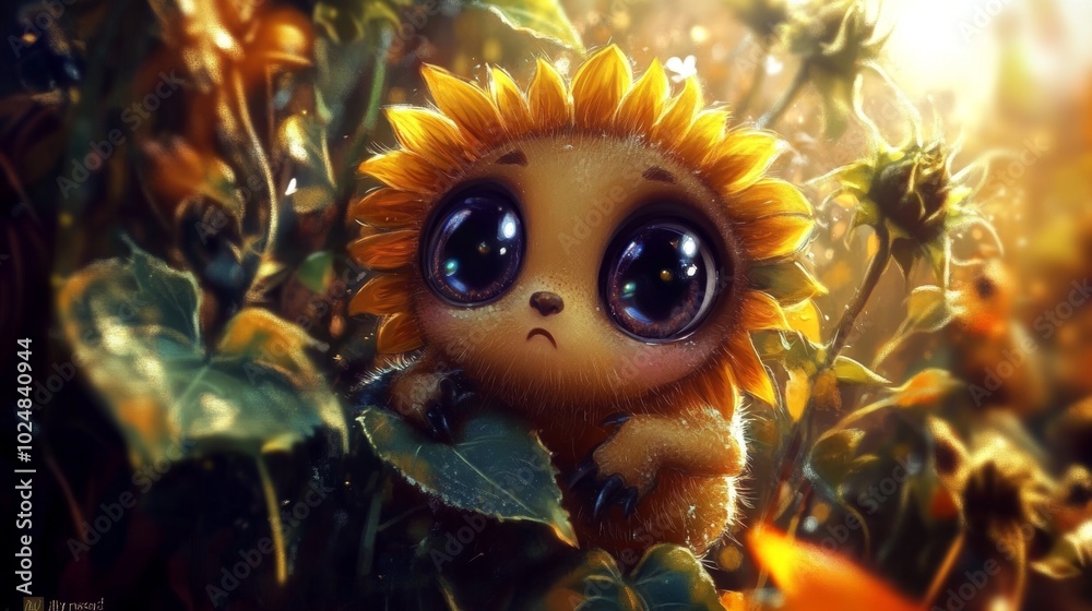Sunflower with big, expressive eyes set in a colorful, cartoon-like field, evoking images of wonder, whimsy, and joy.