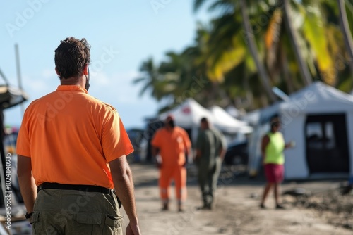 Members of a disaster response team in bright uniforms are seen at work on a busy tropical beach, highlighting coordination and efficacy amidst emergency relief operations. photo