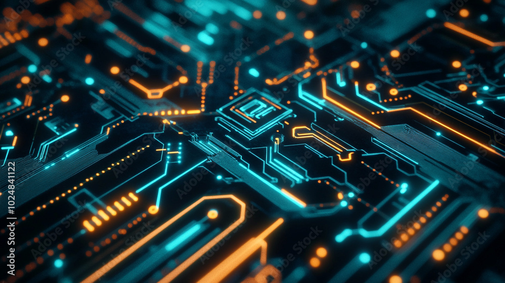 Close-up view of an intricate circuit board displaying blue and orange electronic pathways Close-up view of an intricate circuit board displaying blue and orange electronic pathways