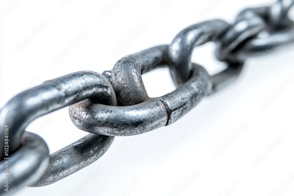 The link of a metallic chain is broken, isolated on a white background The link of a metallic chain is broken, isolated on a white background