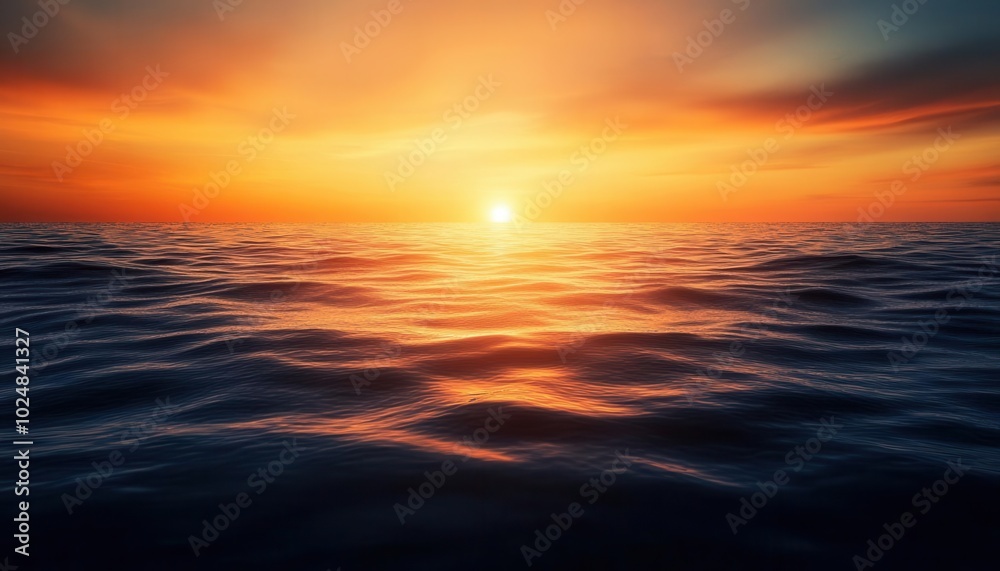 Fototapeta premium A stunning sunset over the ocean with golden hues reflecting on the calm waves. The vibrant sky creates a beautiful seascape that is perfect for travel vacation or nature themed projects