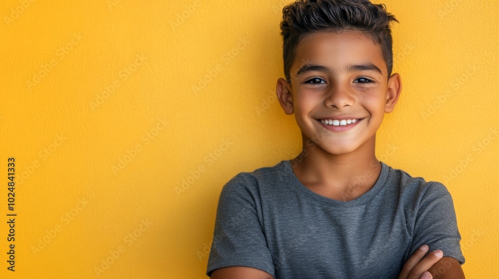 On a vibrant yellow background, a Latino Hispanic teen boy smiles widely. On a vibrant yellow background, a Latino Hispanic teen boy smiles widely.