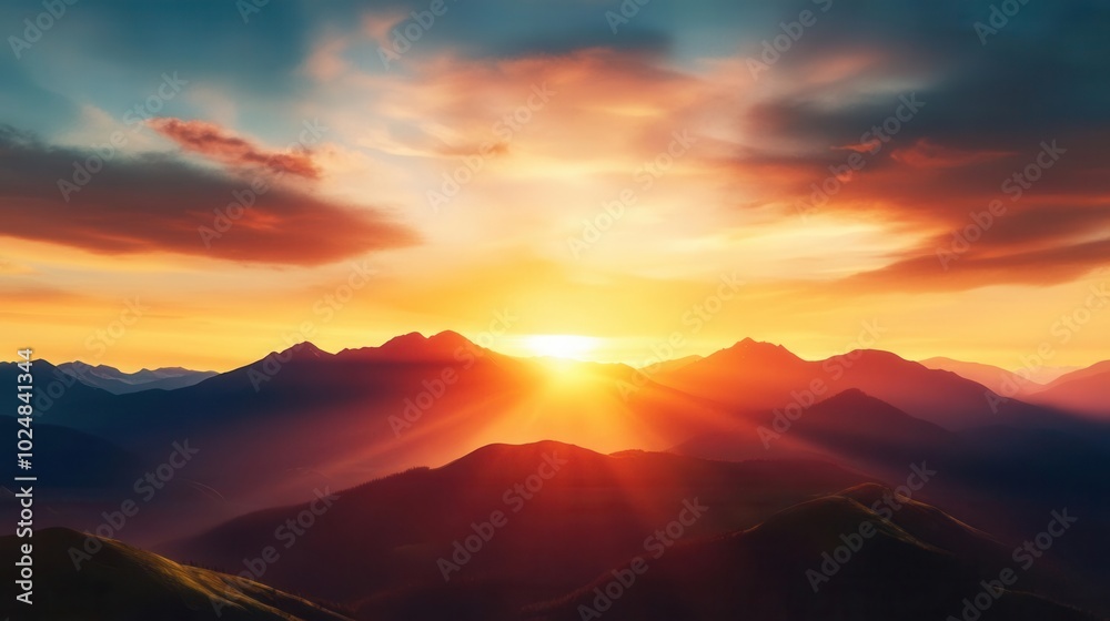 Majestic Mountain Sunset Landscape With Golden Rays Majestic Mountain Sunset Landscape With Golden Rays