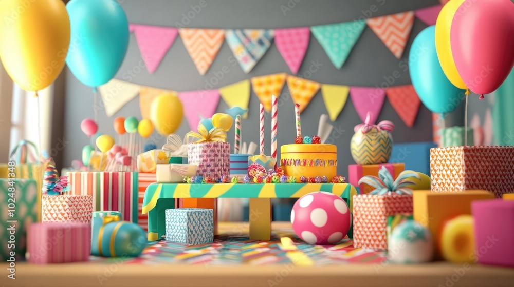 A 3D illustration of a festive table filled with gifts in colorful patterns, with balloons, party banners, and a joyful atmosphere in the background. A 3D illustration of a festive table filled with gifts in colorful patterns, with balloons, party banners, and a joyful atmosphere in the background.