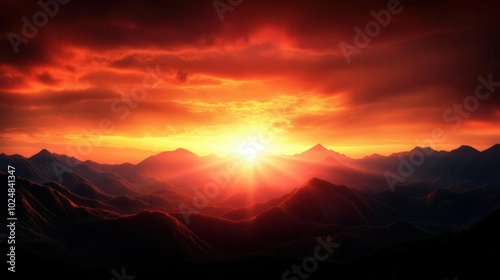 A stunning panoramic view of a mountain range silhouetted against a dramatic red and orange sunset sky. The sun s rays illuminate the clouds and create a sense of warmth and beauty