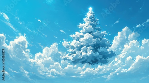 A blue sky dotted with big, white clouds forming the shape of a Christmas tree, creating a playful and holiday-themed sky scene. --ar 16:9 --v 6.1 Job ID: 966e1813-227a-4874-9fe3-2e2ea0afd35b photo