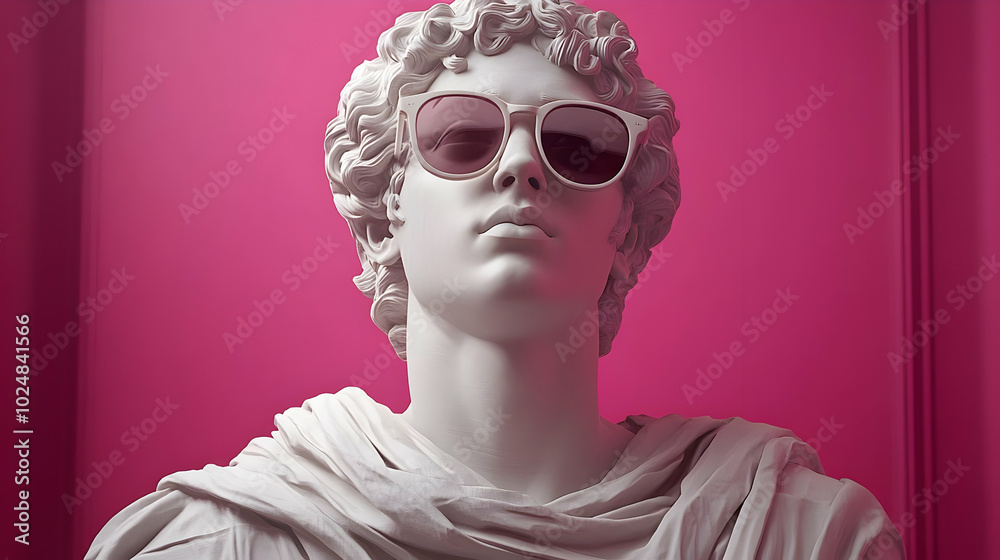 A classical statue wearing sunglasses against a vibrant pink background. A classical statue wearing sunglasses against a vibrant pink background.