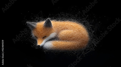 A mesh line fox curled up in a peaceful minimalist the animal s cunning adaptability and quiet strength  The orange and black patterns create a captivating abstract visual photo