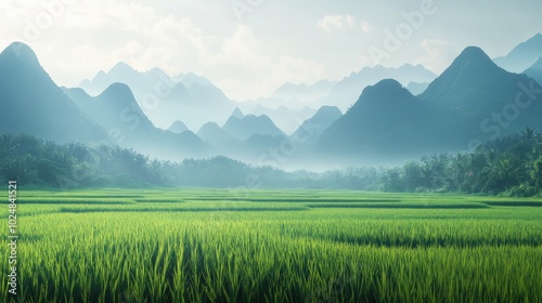 Serene landscape with lush green rice paddy field and misty mountains in the background.