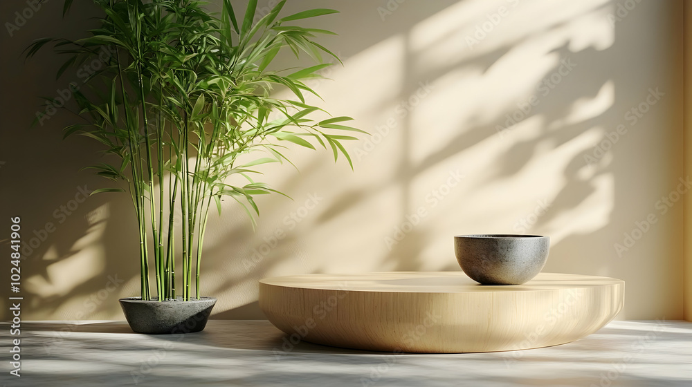Minimalist interior with bamboo and simple bowls for tranquility. Minimalist interior with bamboo and simple bowls for tranquility.