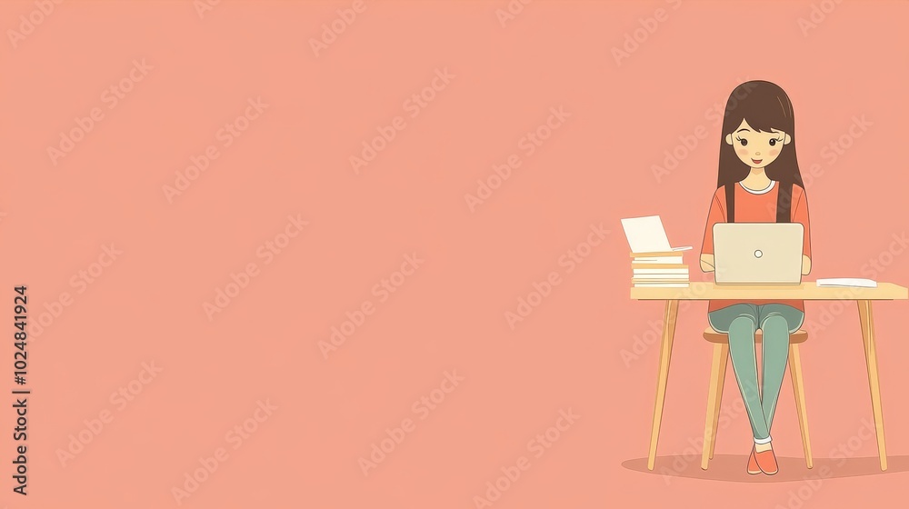 Cartoon illustration showing an administrative assistant sitting at her desk, typing on her laptop. She is surrounded by office supplies and plants, symbolizing a productive and organized office. Cartoon illustration showing an administrative assistant sitting at her desk, typing on her laptop. She is surrounded by office supplies and plants, symbolizing a productive and organized office.