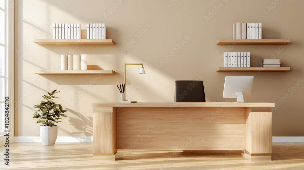 Modern minimalist office workspace with wooden desk, computer, potted plant, and organized shelves in a bright setting Modern minimalist office workspace with wooden desk, computer, potted plant, and organized shelves in a bright setting