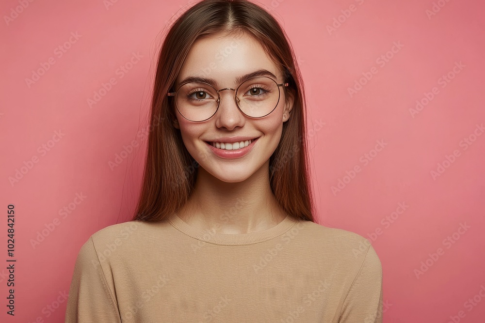 Model poses in studio against pink background while wearing beige sweater and round transparent glasses. Positive emotions concept. Horizontal view of smiling brunette young woman with pleasant Model poses in studio against pink background while wearing beige sweater and round transparent glasses. Positive emotions concept. Horizontal view of smiling brunette young woman with pleasant