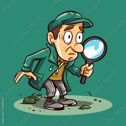 A quirky and humorous cartoon of an elderly man crouching with a magnifying glass, investigating something closely. Perfect for designs focused on curiosity, exploration, or lighthearted detective the