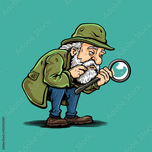A quirky and humorous cartoon of an elderly man crouching with a magnifying glass, investigating something closely. Perfect for designs focused on curiosity, exploration, or lighthearted detective the