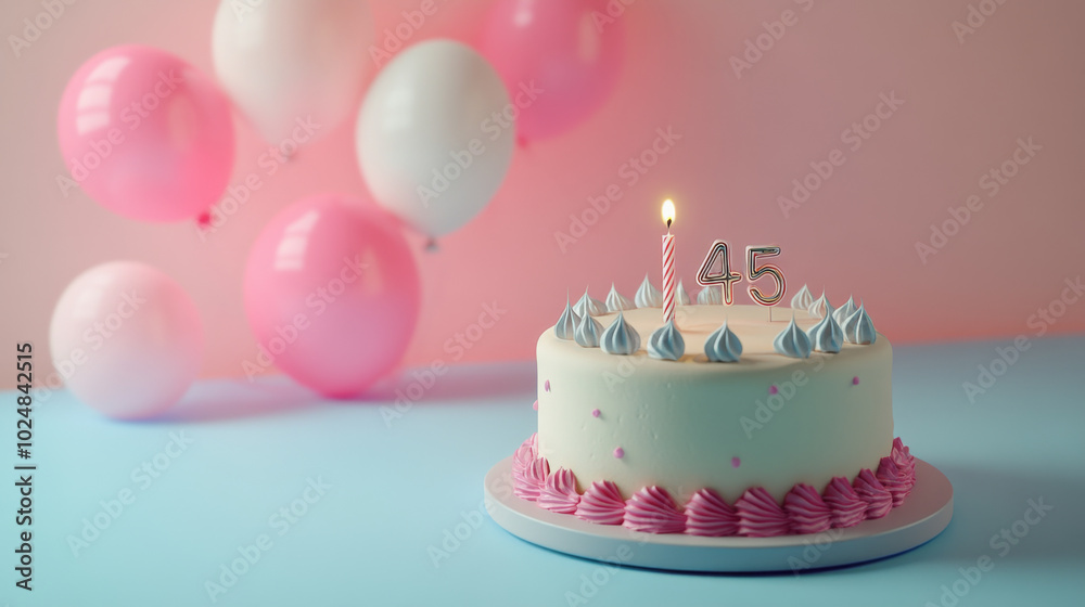 Birthday cake with candles for 55 years, balloons in pastel background Birthday cake with candles for 55 years, balloons in pastel background