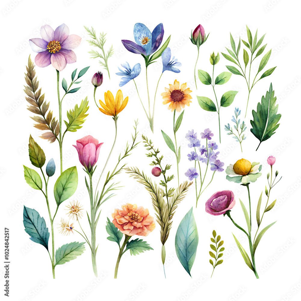 Fototapeta premium Watercolor wildflowers and leaves illustration set,,Beautiful floral set with watercolor hand drawn,Stock illustration,wild plants, flowers. Garden, meadow