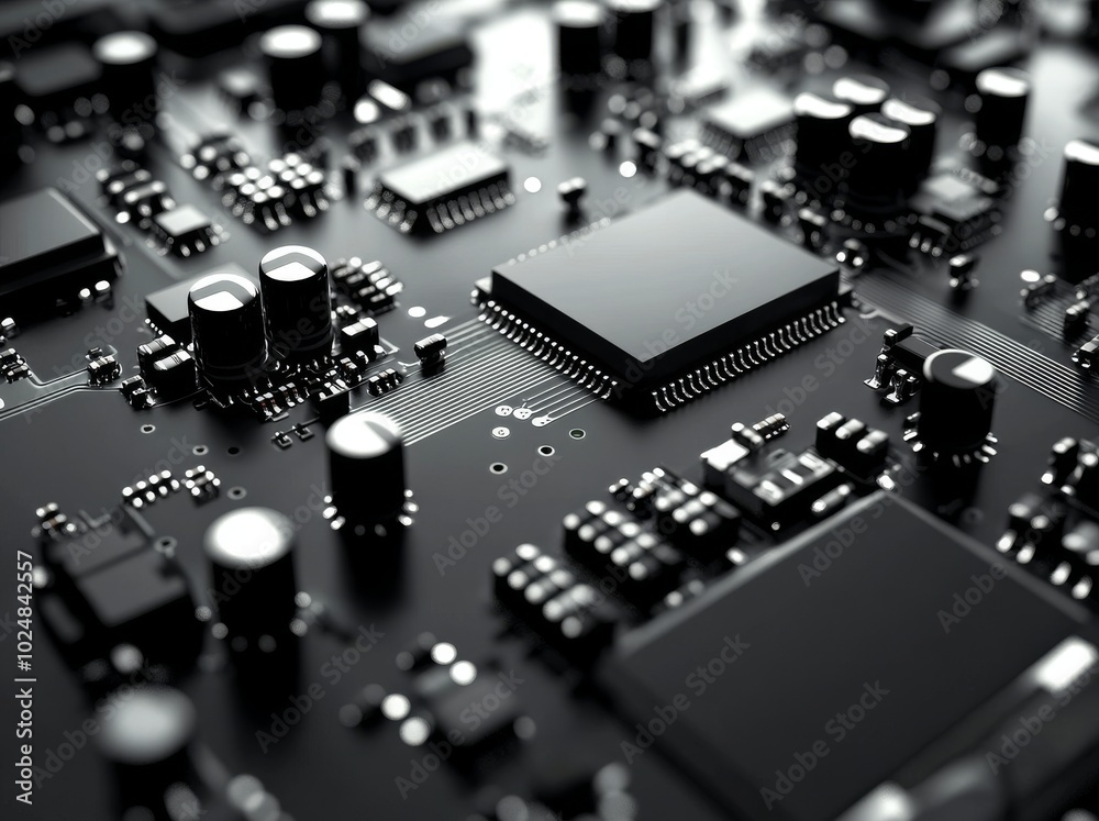 A black motherboard with a central processor chip is mounted on a PU chip. This is computer hardware technology. A black motherboard with a central processor chip is mounted on a PU chip. This is computer hardware technology.