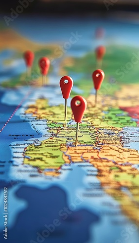 Red Push Pins Marking Locations on a World Map, Symbolizing Travel, Exploration and Destinations.
