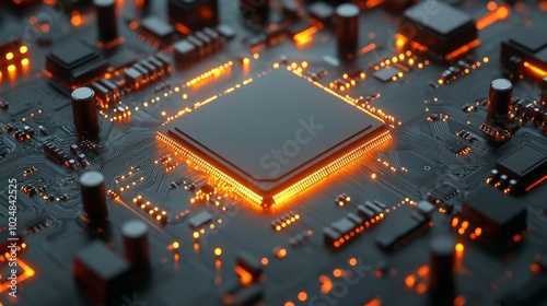 Wallpaper Mural A 3D rendering of an abstract motherboard circuit with CPUs, microchips, and animated electric signals Torontodigital.ca