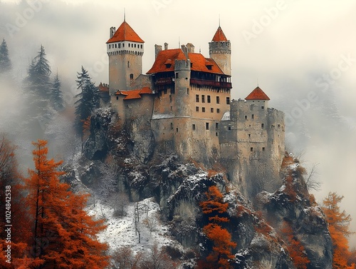 Old castle on a hill surrounded by misty forests A historic castle with towers and battlements, perched majestically on a hill as thick fog envelops the surrounding forests. photo